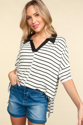 Haptics Full Size Striped Dropped Shoulder Half Sleeve T-Shirt Trendsi