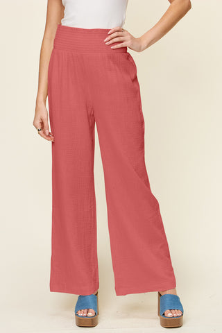 Double Take Full Size Texture Smocked Waist Wide Leg Pants Trendsi