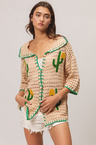 BiBi Edge Stitched Cactus Patch Sweater Cardigan Trendsi