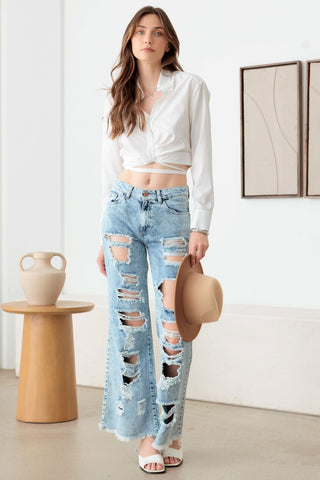 Litz La Distressed Frayed Hem Flare Jeans Trendsi