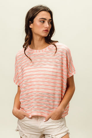 BiBi Braid Striped Short Sleeve Round Neck T-Shirt Trendsi