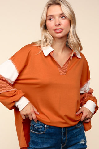 Haptics Color Block Exposed Seam Long Sleeve Top Trendsi