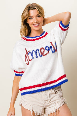 BiBi Metallic America Letter Short Sleeve Sweater Trendsi