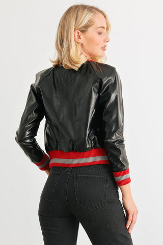 Comme PU Leather Baseball Collar Long Sleeve Jacket Trendsi