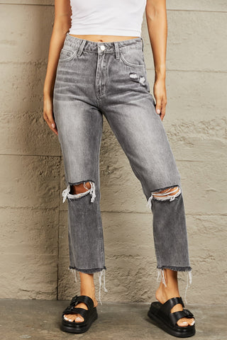 BAYEAS Stone Wash Distressed Cropped Straight Jeans Trendsi