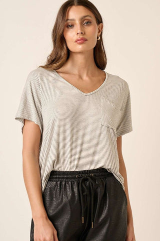 Mittoshop Striped V-Neck Short Sleeve T-Shirt Trendsi