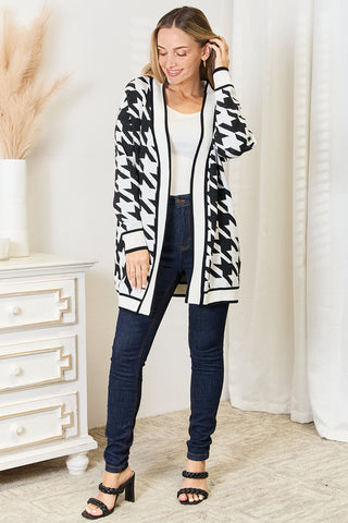 Mandy Woven Right Houndstooth Open Front Longline Cardigan Trendsi