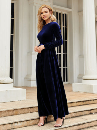 Tie Front Round Neck Long Sleeve Maxi Dress Trendsi