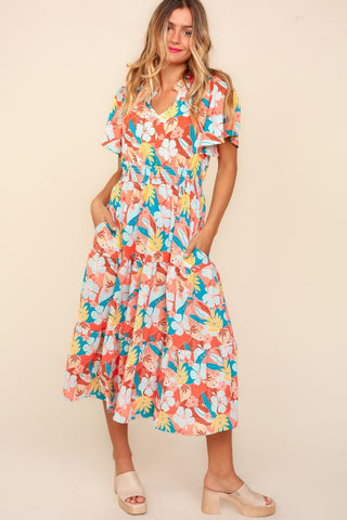 Haptics Full Size Tropical Floral Tiered Dress with Side Pockets Trendsi