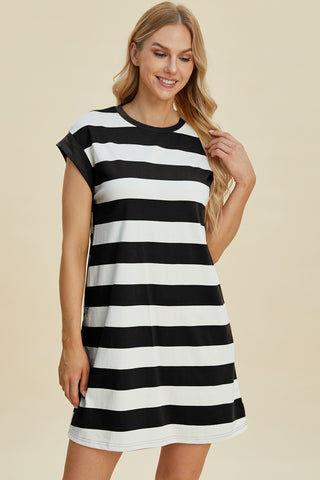 Basic Bae Full Size Striped Round Neck Cap Sleeve Mini Dress Trendsi