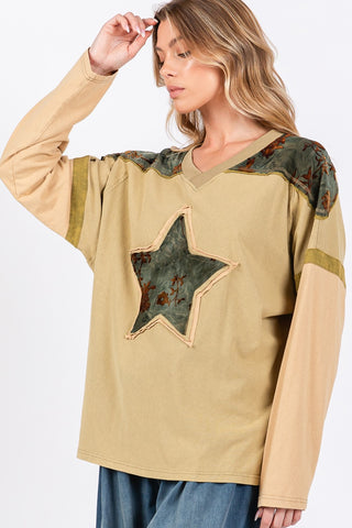 SAGE + FIG Star Patch Long Sleeve Color Block T-Shirt Trendsi