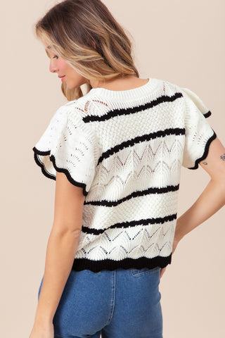 BiBi Pointelle Contrast Striped Short Sleeve Knit Top Trendsi