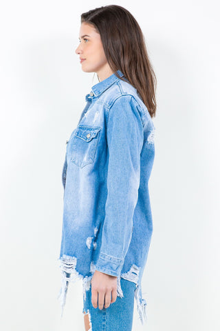 American Bazi Frayed Hem Distressed Denim Shirt Jacket Trendsi