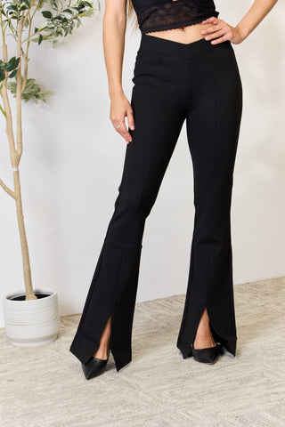 Kancan V-Waistband Slit Flare Pants Trendsi