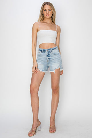 RISEN High Waist Frayed Detail Denim Shorts Trendsi