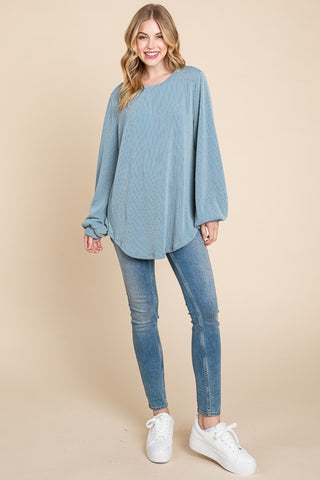 BOMBOM Long Sleeve Curved Hem Ribbed T-Shirt Trendsi