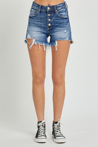 RISEN Button Fly Frayed Hem Denim Shorts Trendsi