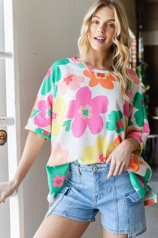 HOPELY Floral Waffle Oversize T-Shirt Trendsi