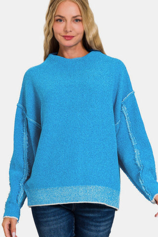 Zenana Exposed Seam Mock Neck Long Sleeve Sweater Trendsi