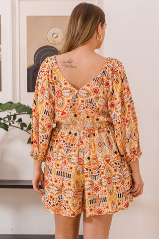 ODDI Full Size Printed Ruff Sleeve Romper with Pockets Trendsi