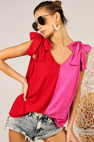 BiBi Shoulder Ribbon Tied Contrast Tank Trendsi