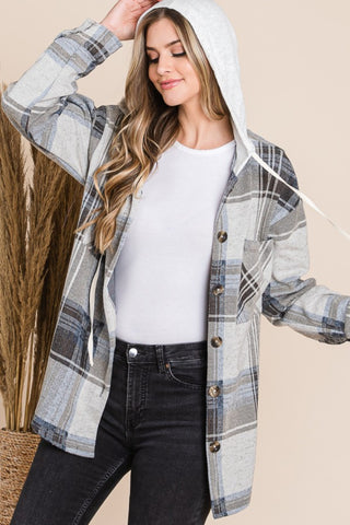 Reborn J Plaid Button Up Drawstring Hooded Jacket Trendsi