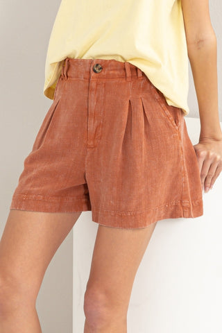 HYFVE High Waist Pleated Linen Shorts Trendsi