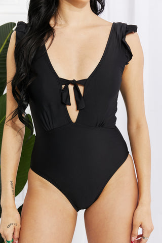 Marina West Swim Seashell Ruffle Sleeve One-Piece in Black Trendsi