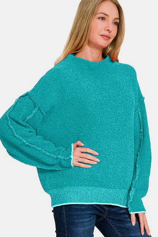 Zenana Exposed Seam Mock Neck Long Sleeve Sweater Trendsi