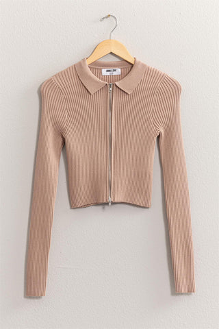 HYFVE Ribbed Double Zip Cropped Cardigan Trendsi