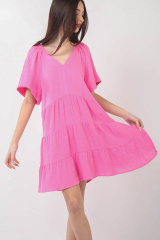 VERY J Texture V-Neck Ruffled Tiered Dress Trendsi