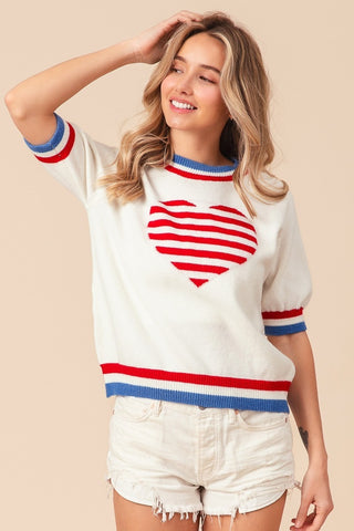 BiBi US Flag Theme Striped Heart Sweater Trendsi