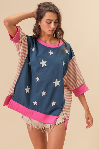 BiBi US Flag Theme Color Block Star Patch T-Shirt Trendsi