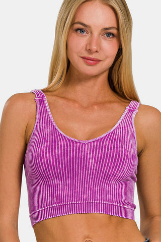 Zenana Washed Ribbed Cropped V-Neck Tank Trendsi