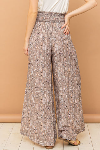 And The Why Printed Smocked Waist Slit Wide Leg Pants Trendsi