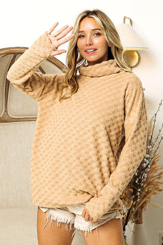 BiBi Checkered Round Neck Thumbhole Long Sleeve Top Trendsi