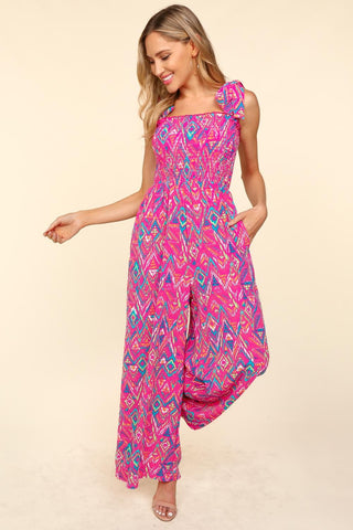 Haptics Printed Smocked Sleeveless Jumpsuit Trendsi