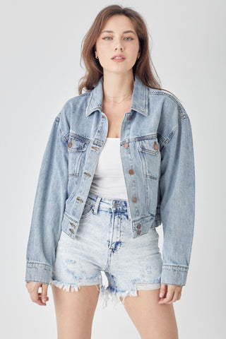 RISEN Full Size Button Down Cropped Denim Jacket Trendsi