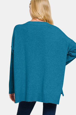 Zenana V-Neck Side Slit High-Low Sweater Trendsi