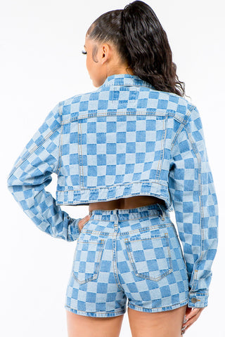 American Bazi Checkered Long Sleeve Cropped Denim Jacket Trendsi