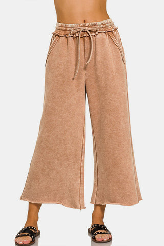 Zenana Acid Wash Fleece Wide Leg Pants Trendsi