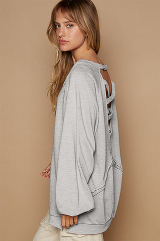 POL Back Cross Strap Detail Balloon Sleeve Sweatshirt Trendsi