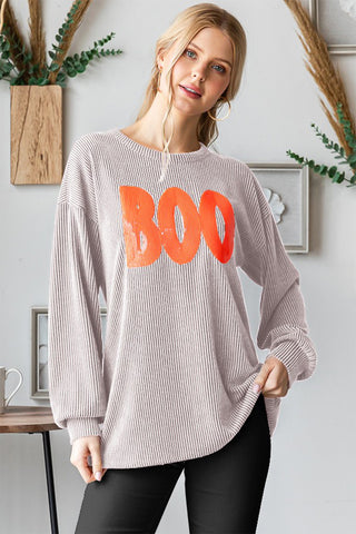 Heimish BOO Round Neck Long Sleeve Ribbed T-Shirt Trendsi