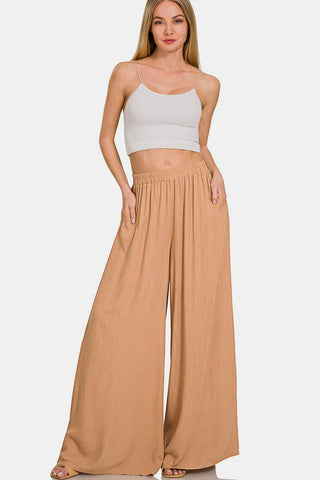 Zenana Pleated Linen Blend Wide Leg Pants Trendsi