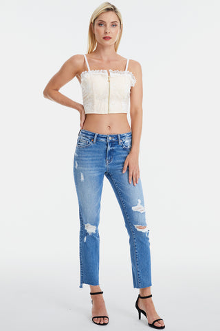 BAYEAS Full Size Mid Waist Distressed Ripped Straight Jeans Trendsi