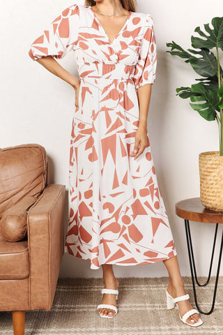 Printed Surplice Balloon Sleeve Dress Trendsi