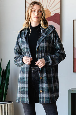 Heimish Plaid Button Down Long Sleeve Hooded Cardigan Trendsi