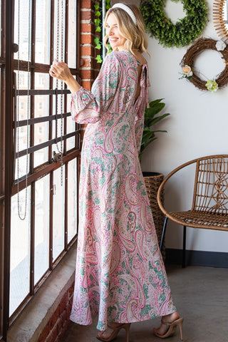 First Love Paisley Print Tie-Back Long Sleeve Maxi Dress Trendsi