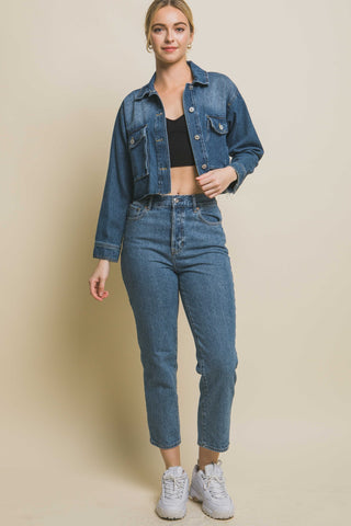 Love Tree Raw Hem Button Up Cropped Denim Jacket Trendsi