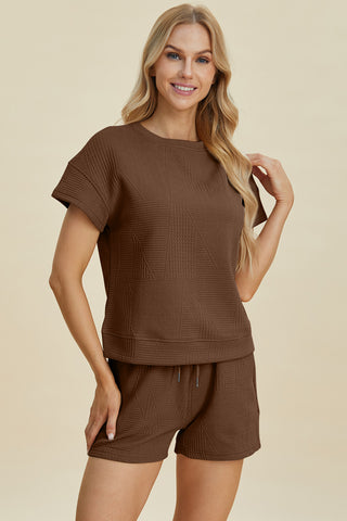 Double Take Full Size Texture Short Sleeve Top and Shorts Set Trendsi